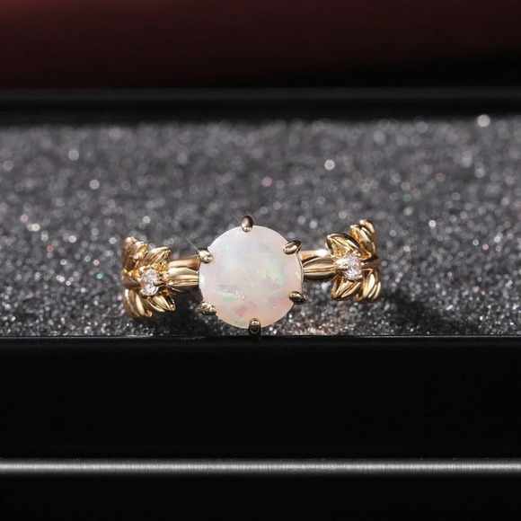 🦋 Dainty Opal CZ Gold Plated Beautiful Fashion Leaf Trendy RingWomen,UNV… - Picture 2 of 6